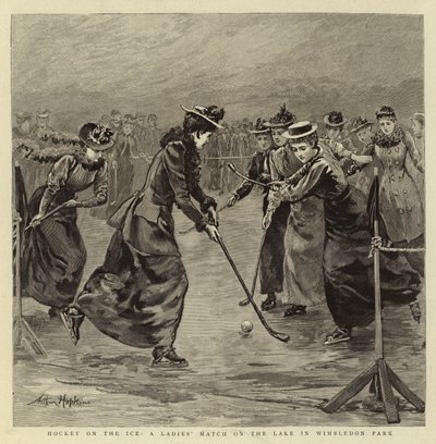Hockey sul ghiaccio, una partita femminile sul lago nel Wimbledon Park da Arthur Hopkins