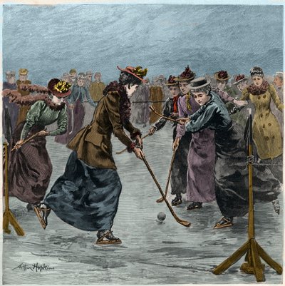 Hockey su ghiaccio: una partita femminile sul lago nel Wimbledon Park. (colorazione successiva). da Arthur Hopkins