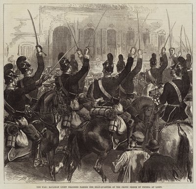 La guerra, Dragoni leggeri bavaresi passano il quartier generale del Principe della Corona di Prussia a Ligny da Arthur Hopkins