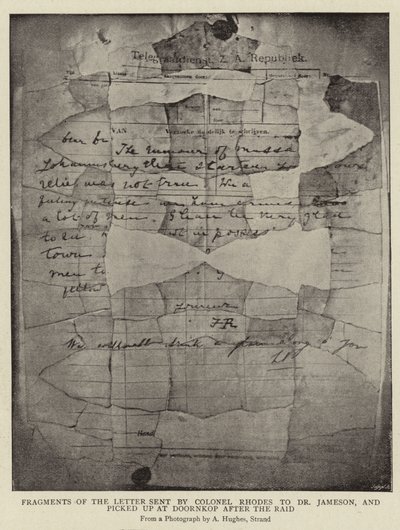 Frammenti della lettera inviata dal colonnello Rhodes al dottor Jameson, raccolti a Doornkop dopo il raid da Arthur Hughes