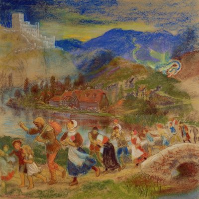 Villagers fleeing from a dragon da Arthur Hughes