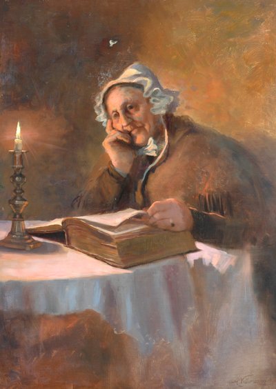Ritratto di una vecchia che legge la Bibbia alla luce di una candela, 1896 da Arthur Netherwood
