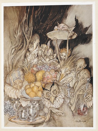 ATTO III: Scena III, linea 19 Entra diverse forme strane, portando un banchetto... invitando il Re, ecc, a mangiare da Arthur Rackham