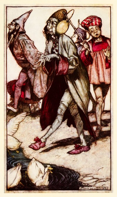 Un gentiluomo di Laputa che fa una passeggiata dalla Parte III: Un viaggio a Laputa ecc. nei Viaggi di Gulliver di Jonathan Swift da Arthur Rackham