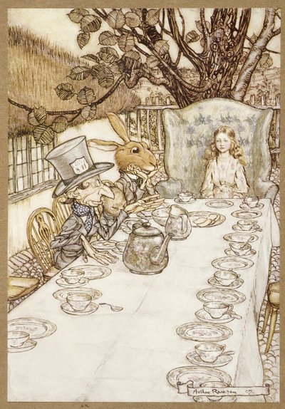 Una festa di tè matta, da Le avventure di Alice nel Paese delle Meraviglie, di Lewis Carroll, pub. 1907 da Arthur Rackham