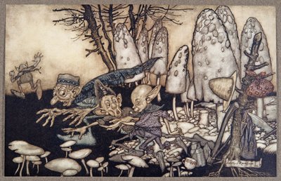 Un gruppo di operai che stavano segando un fungo corsero via lasciando i loro attrezzi dietro di loro, da Peter Pan nei Giardini di Kensington di J M Barrie (1860 - 1937), pub. 1906 da Arthur Rackham