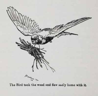 Un uccello che trasporta un fascio di ramoscelli da Arthur Rackham