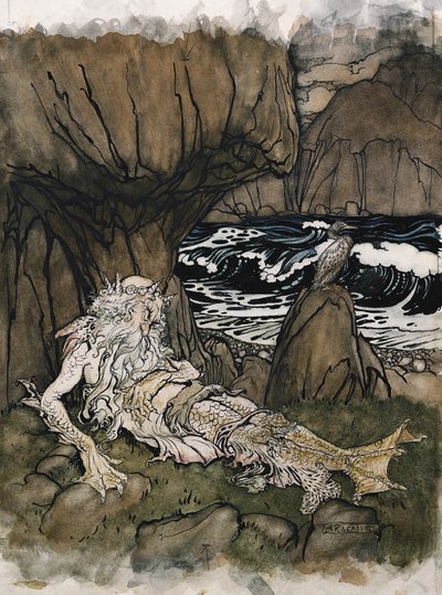 Un "tritone" incoronato, un dio del mare che dorme su una riva rocciosa da Arthur Rackham