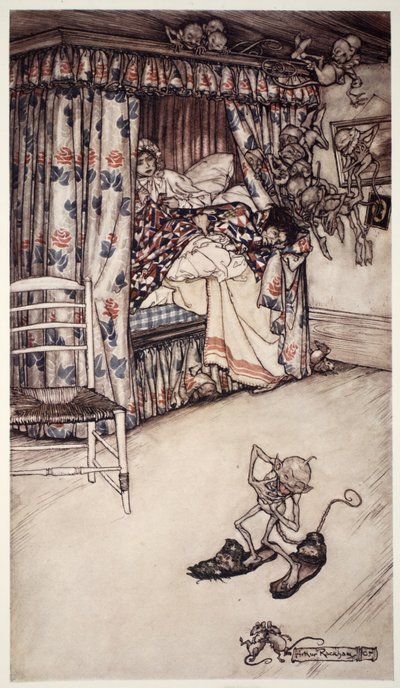 Una lezione di cortina vale tutte le prediche del mondo per insegnare le virtù della pazienza e della lunga sofferenza, da Rip Van Winkle di Washington Irving, pub. 1910 da Arthur Rackham