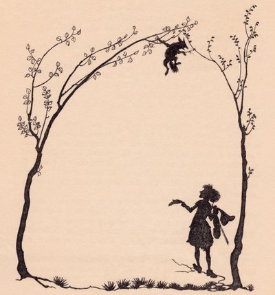 Una volpe legata per le zampe a due alberi di nocciolo. Illustrazione di Arthur Rackham dalla fiaba dei Grimm, Il musicista meraviglioso. da Arthur Rackham