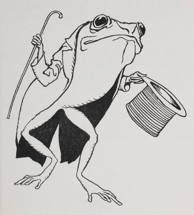 Una rana con cilindro e frac, che porta un bastone da Arthur Rackham