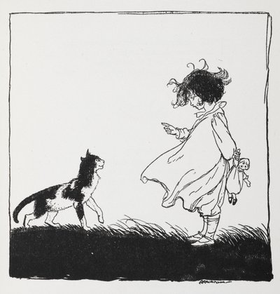 Una ragazza con una bambola che sgrida il suo gatto da Arthur Rackham