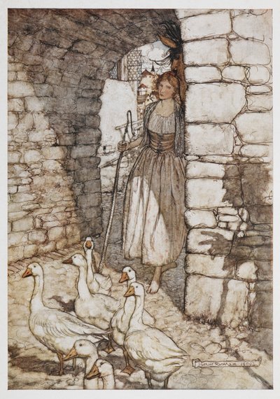 Una ragazza con delle oche da Arthur Rackham