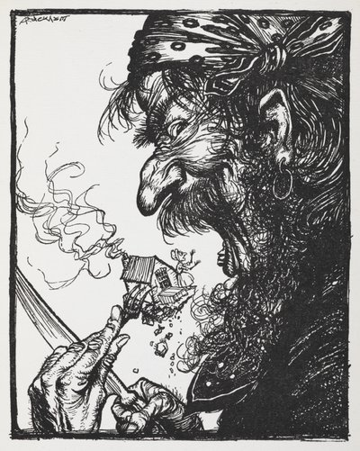 Un uomo grande che mangia una piccola signora e la sua casa da Arthur Rackham