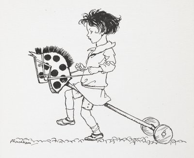 Una bambina su un cavallo a dondolo da Arthur Rackham