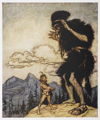 Un uomo e un gigante da Il sarto valoroso da Arthur Rackham