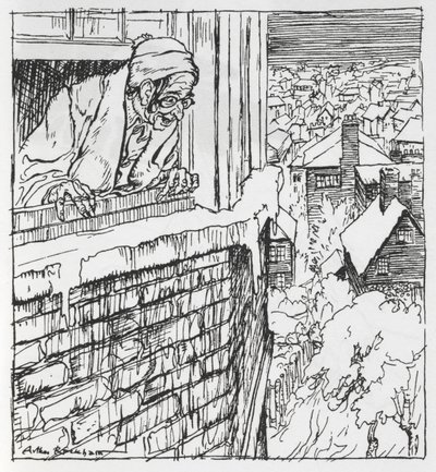 Un uomo che guarda fuori da una finestra da Arthur Rackham