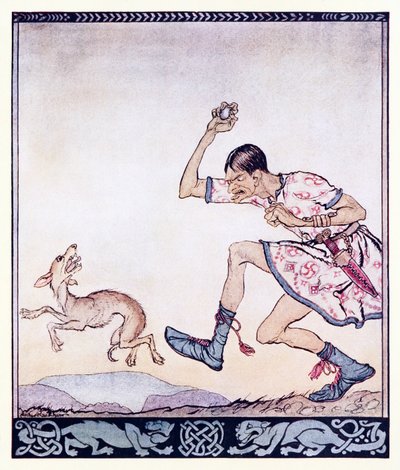Un uomo che non amava i cani. In effetti li odiava. da La nascita di Bran in Fiabe irlandesi da Arthur Rackham