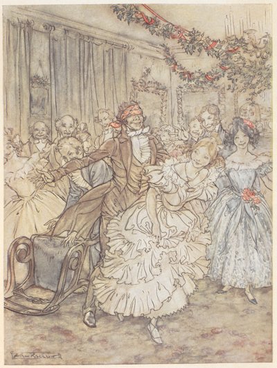 Una festa che gioca a mosca cieca. Un uomo con una benda sugli occhi insegue una donna in un vestito con volant da Arthur Rackham