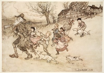 Un gruppo di bambini strani correva dietro di lui, urlando e indicando la sua barba grigia., da Rip Van Winkle di Washington Irving, pub. 1910 da Arthur Rackham