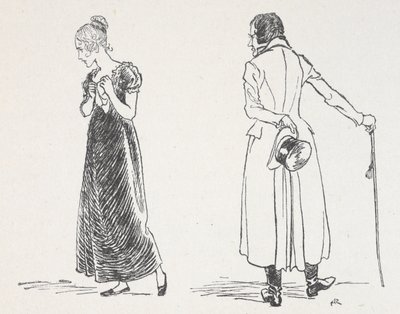 Una giovane coppia che litiga, la donna che si è girata stringendo un fazzoletto al petto da Arthur Rackham