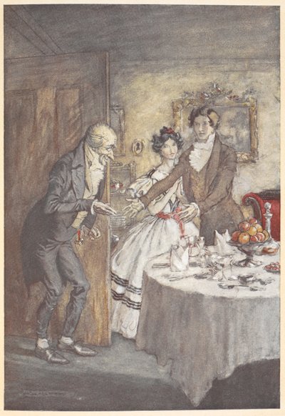 Un giovane uomo e una donna che accolgono Scrooge per un pasto nella loro sala da pranzo da Arthur Rackham