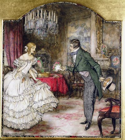 Un giovane che presenta un bouquet a una ragazza in un salotto da Arthur Rackham