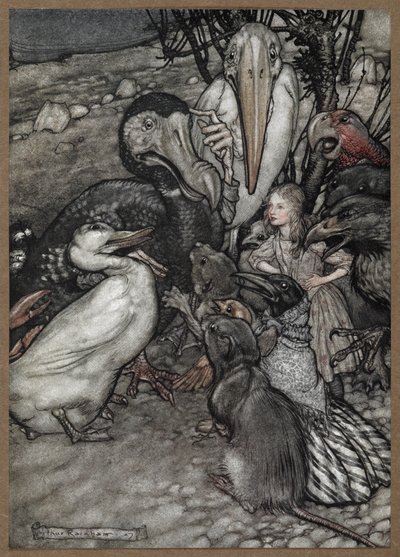 Alice e gli animali dopo la Corsa del Caucus, incluso un dodo, un