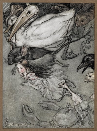 Alice e vari animali che nuotano, tra cui un topo, un