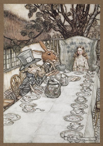 Alice al Tea Party del Cappellaio Matto con la Lepre Marzolina, il Ghiro e il Cappellaio Matto da Arthur Rackham