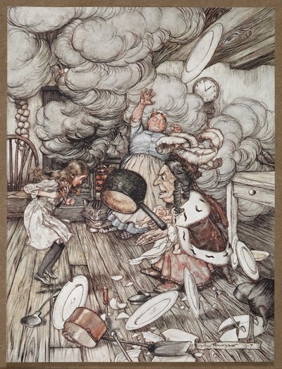 Alice in una cucina con la Duchessa, un cuoco e il Gatto del Cheshire da Arthur Rackham