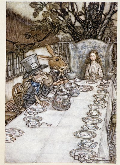 Alice prende il tè con il Cappellaio Matto e la Lepre Marzolina - in "Le avventure di Alice nel Paese delle Meraviglie", Lewis Carroll, ill. di Arthur Rackham da Arthur Rackham