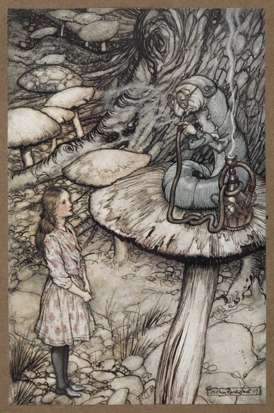 Alice che parla al Bruco seduto su un fungo che fuma una pipa da Arthur Rackham