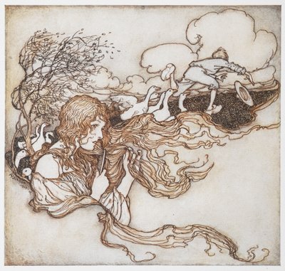 Illustrazione di una ragazza che si pettina con delle oche e un ragazzo sullo sfondo, da La ragazza delle oche da Arthur Rackham