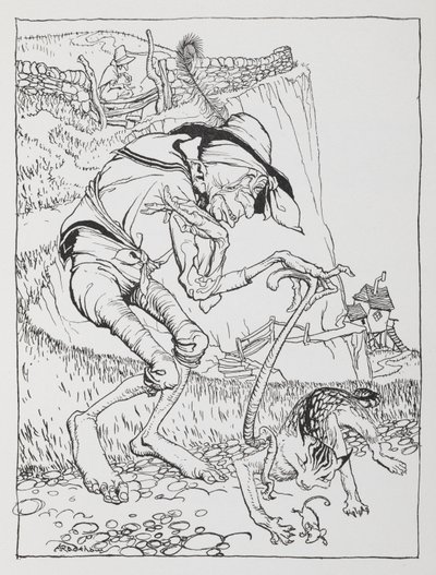 Un vecchio storto con il suo gatto storto e la sua casa storta da Arthur Rackham