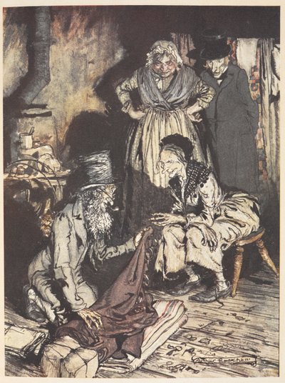 Una vecchia famiglia nella loro casa con un uomo che offre loro tende da Arthur Rackham