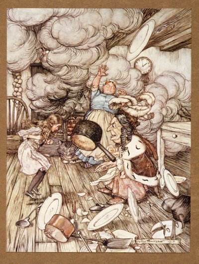 Una pentola insolitamente grande volò vicino e quasi la portò via, da Le avventure di Alice nel Paese delle Meraviglie, di Lewis Carroll, pub. 1907 da Arthur Rackham