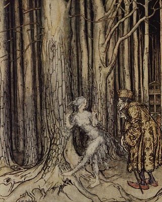 Alla fine incontrò lo sposo che stava tornando lentamente, illustrazione per Fitchers Bird da Little Brother, Little Sister dei Fratelli Grimm da Arthur Rackham