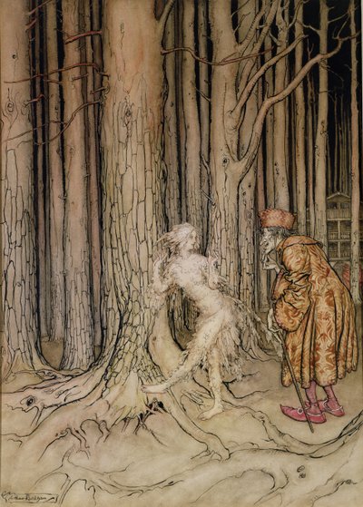 Alla fine incontrò lo sposo che stava lentamente tornando, illustrazione per Fitchers Bird, da Fratellino e Sorellina, dei Fratelli Grimm, 1917 da Arthur Rackham