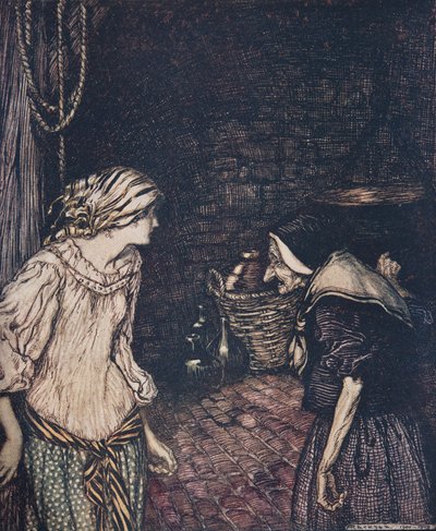 Alla fine raggiunse la cantina, e lì trovò una vecchia, vecchia donna con la testa tremante.., da Le fiabe dei fratelli Grimm da Arthur Rackham
