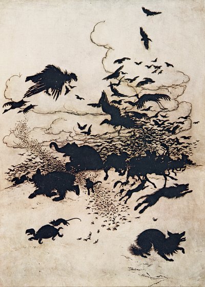 Al terzo pungiglione la volpe urlò e la sua coda scese tra le gambe, da Le fiabe dei fratelli Grimm, pub. 1909 da Arthur Rackham