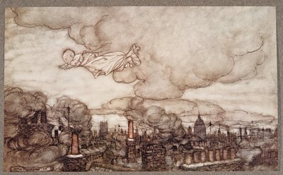 Volò via sopra le case fino ai Giardini, da Peter Pan nei Giardini di Kensington di J M Barrie (1860 - 1937), pub. 1906 da Arthur Rackham
