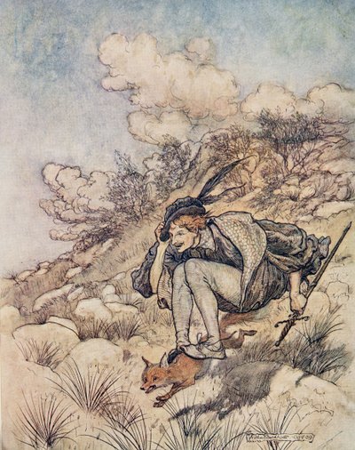 Via volarono sopra ceppi e pietre, a una velocità tale che i suoi capelli fischiavano nel vento, da Le fiabe dei fratelli Grimm, pub. 1909 da Arthur Rackham