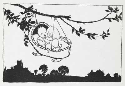 Bambino in una culla appesa a un ramo da Arthur Rackham