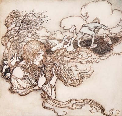Soffia, soffia, piccola brezza, e prendi il cappello di Conrad, da Le fiabe dei fratelli Grimm, pub. 1909 da Arthur Rackham