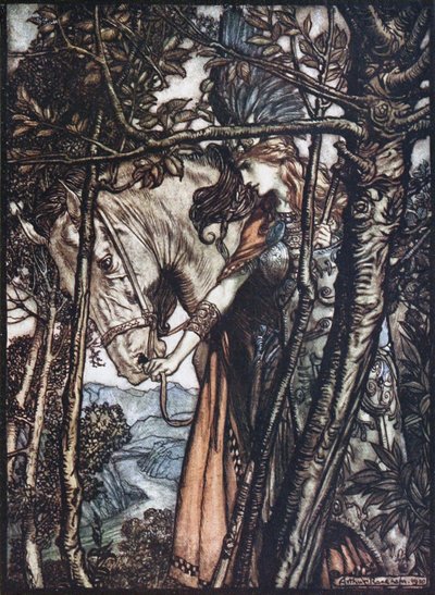 Brünnhilde conduce il suo cavallo per le briglie. Illustrazione per L
