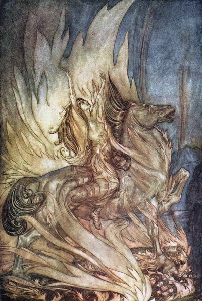 Brünnhilde su Grane salta sulla pira funebre di Sigfrido. Illustrazione per Sigfrido e Il Crepuscolo degli Dei da Arthur Rackham