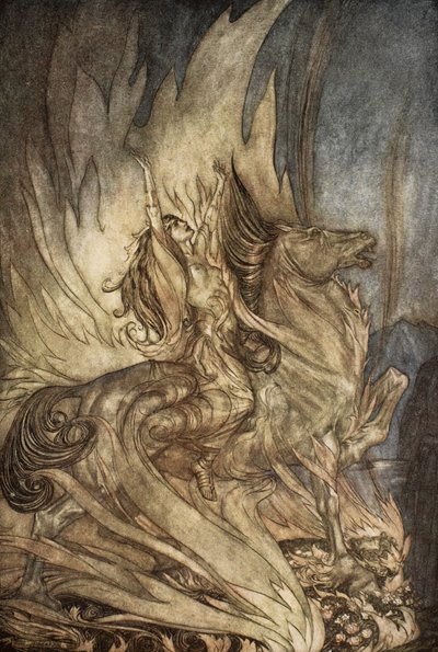 Brunilde su Grane salta sulla pira funeraria di Sigfrido, illustrazione da 