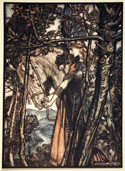 Brunnhilde conduce lentamente e silenziosamente il suo cavallo lungo il sentiero verso la caverna da Arthur Rackham