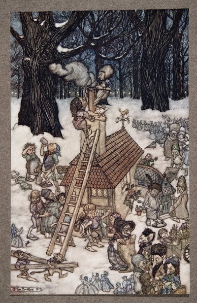 Costruire la casa per Maimie, da Peter Pan nei Giardini di Kensington di J M Barrie, pub. 1906 da Arthur Rackham